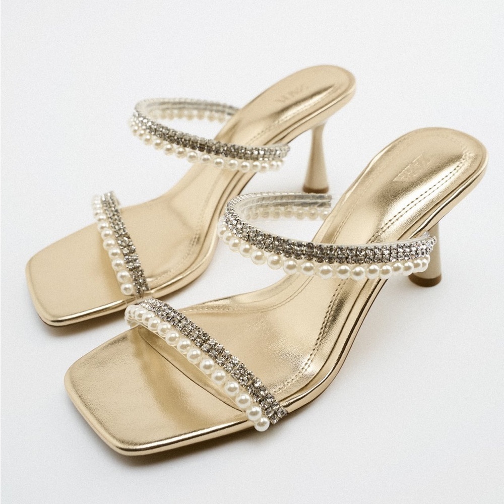 Zara metallic gold Open toe high heel mule sandal rhinestones and pearls 37 NWOB